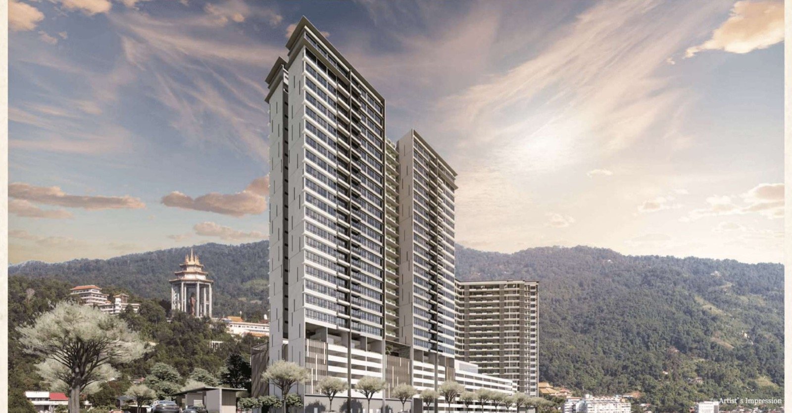 Tuan Pavilion towers with Kek Lok Si and Penang Hill, artist's impression